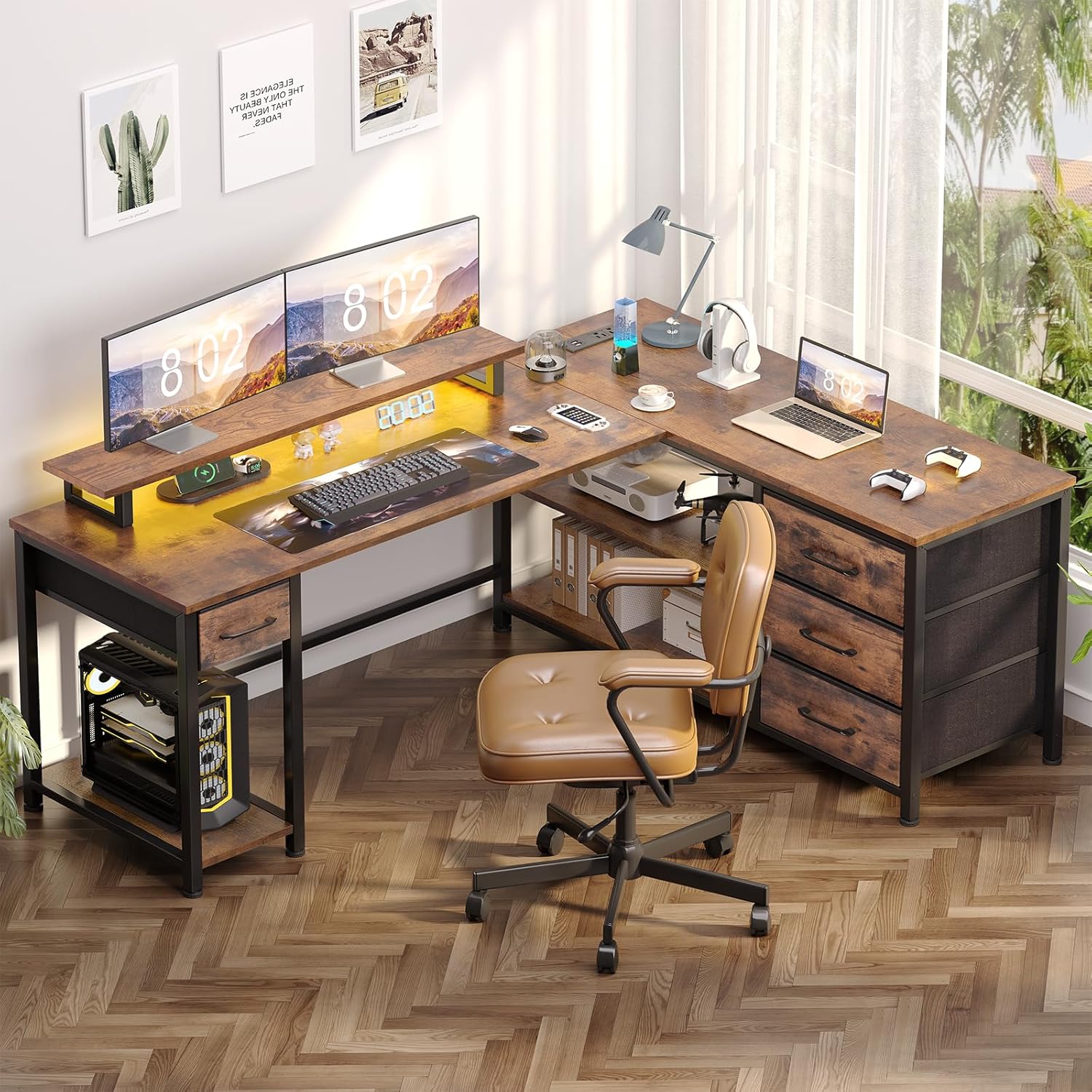 61" L Shaped Computer Desk with Power Outlets & USB Ports, Reversible Corner Gaming Desk with Drawers, Home Office Desk with Storage Shelves, LED Lights, Rustic Brown