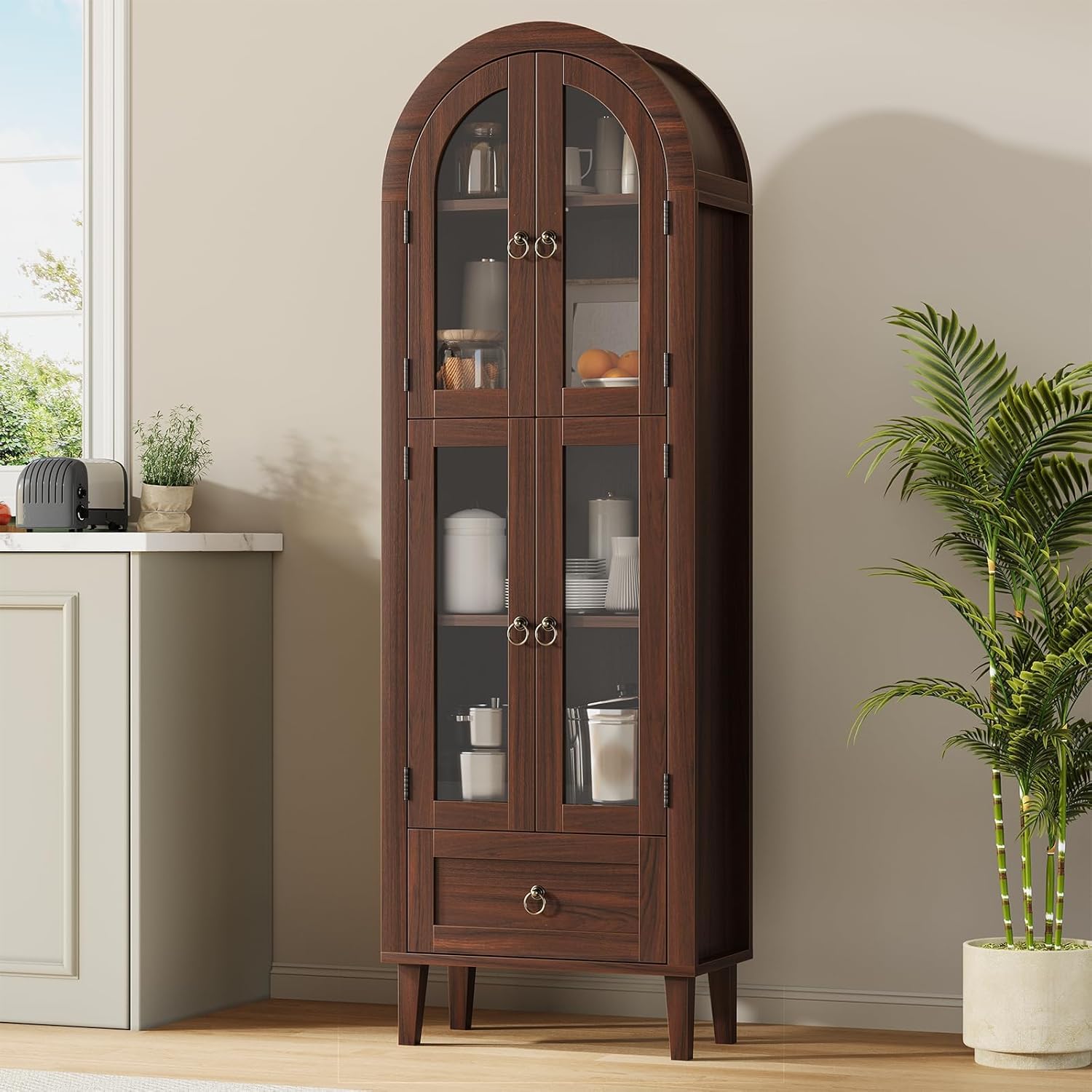 71" Tall Arched Cabinet with Acrylic Door, Modern Curio Arched Bookcase with Drawer, Display Cabinet Organizer, Kitchen Pantry with Top-Opening Storage Container, Brown, 71"x23.6"x11.8"