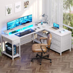 61" L Shaped Computer Desk with Monitor Stand, Reversible Corner Gaming Desk with Drawers, Home Office Desk with Power Outlets & USB Ports, LED Lights, White