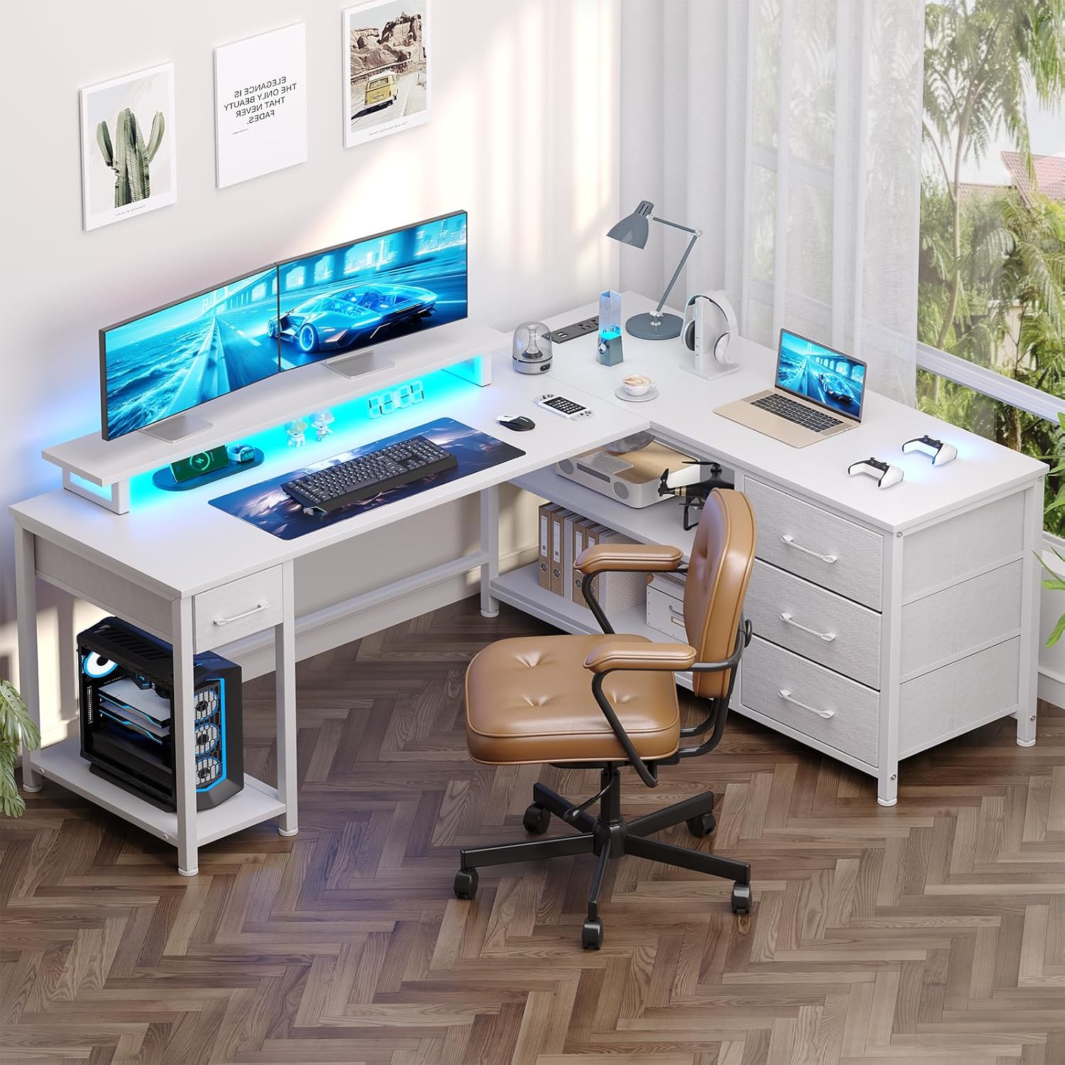 61" L Shaped Computer Desk with Monitor Stand, Reversible Corner Gaming Desk with Drawers, Home Office Desk with Power Outlets & USB Ports, LED Lights, White
