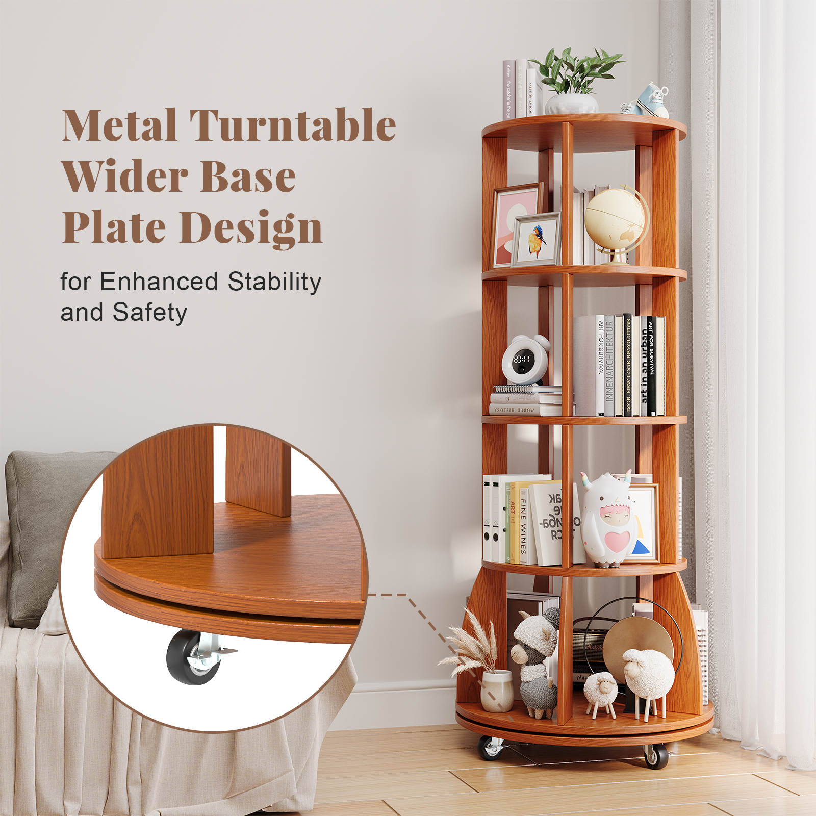 4 Tier Rotating Bookshelf with Brake Wheels, 360° Spinning Bookcase, Vertical Floor Standing Revolving Bookshelf Organizer for Small Spaces, Corner, Living Room, Bedroom, Rustic Brown