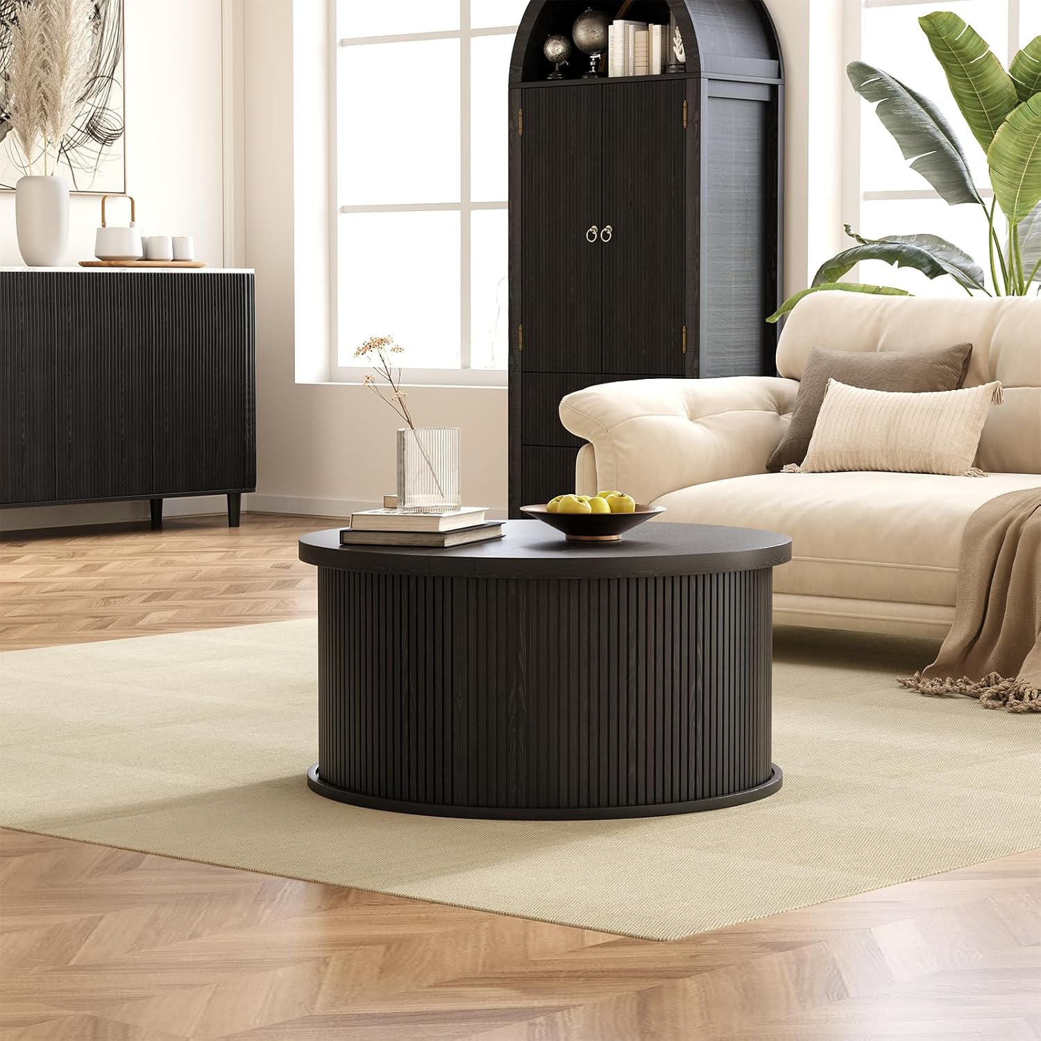 Round Coffee Table with Storage, 31.5" Lift Top Center Table with Gas Strut, Fluted Farmhouse Drum with 2 Hidden Compartments, Mid Century Modern Wood Circle Table for Living Room, Black