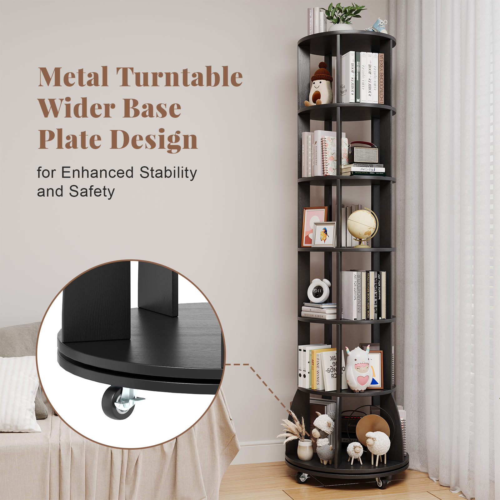 6 Tier Rotating Bookshelf with Locking Casters, 360° Spinning Vertical Bookcase, Revolving Floor Standing Organizer for Small Spaces, Corner, Living Room, Bedroom, Black