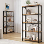 5-Tier Adjustable Heavy Duty Bookshelf, Industrial Wooden Open Storage Rack with Black Metal Frame, Vintage Bookcase with Lock Wall Design, Rustic Brown