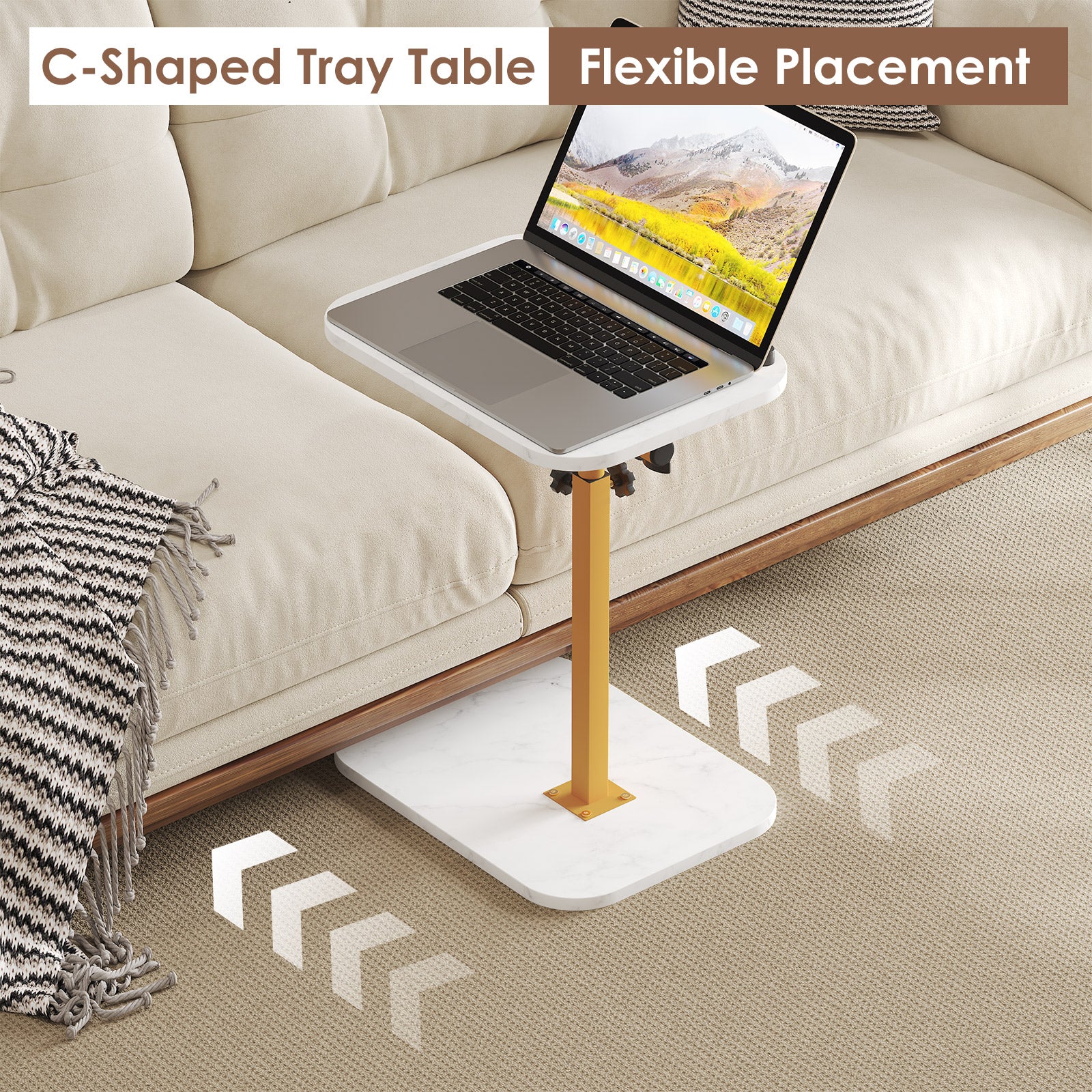 Sofa Couch Arm Table Tv Tray Small Bed Stand C Shaped Side End Tables for Living Room, Bedroom, Marble