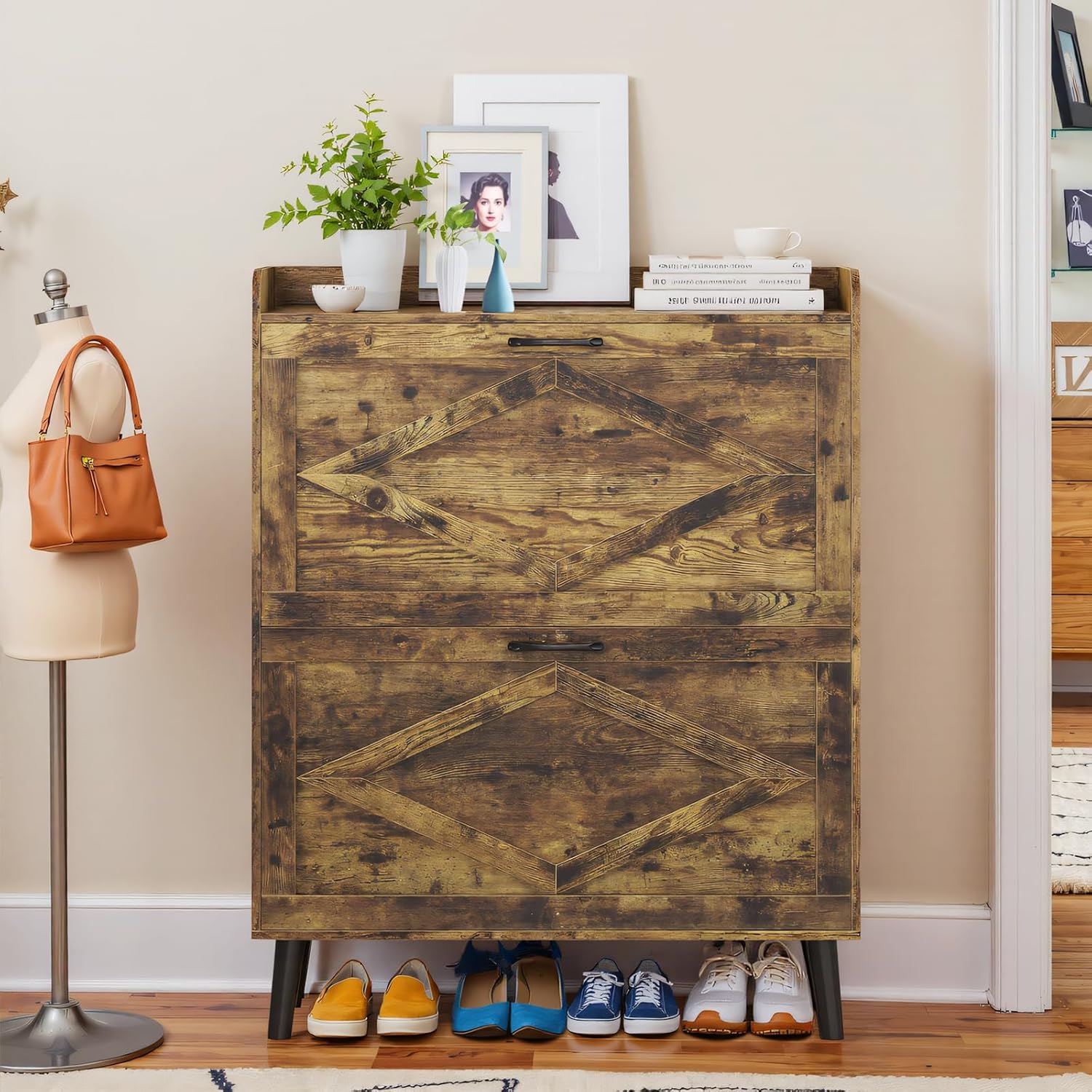 Farmhouse Entryway Shoe Storage Cabinet with 2 Flip Drawers, Shoe Rack Organizer for Hallway, Rustic Wood Furniture with Open Shelves