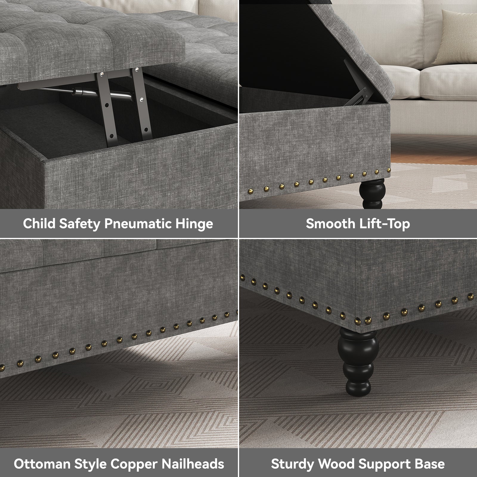 Versatile Lift-Top Ottoman, Large Storage Coffee Table in Chenille for Living Room or Bedroom, Easy-to-Assemble, Dark Grey