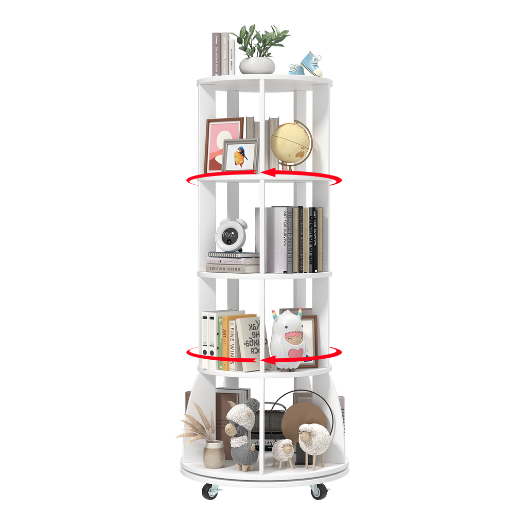 4 Tier Rotating Bookshelf with Brake Wheels, 360° Spinning Bookcase, Vertical Floor Standing Revolving Bookshelf Organizer for Small Spaces, Corner, Living Room, Bedroom, White