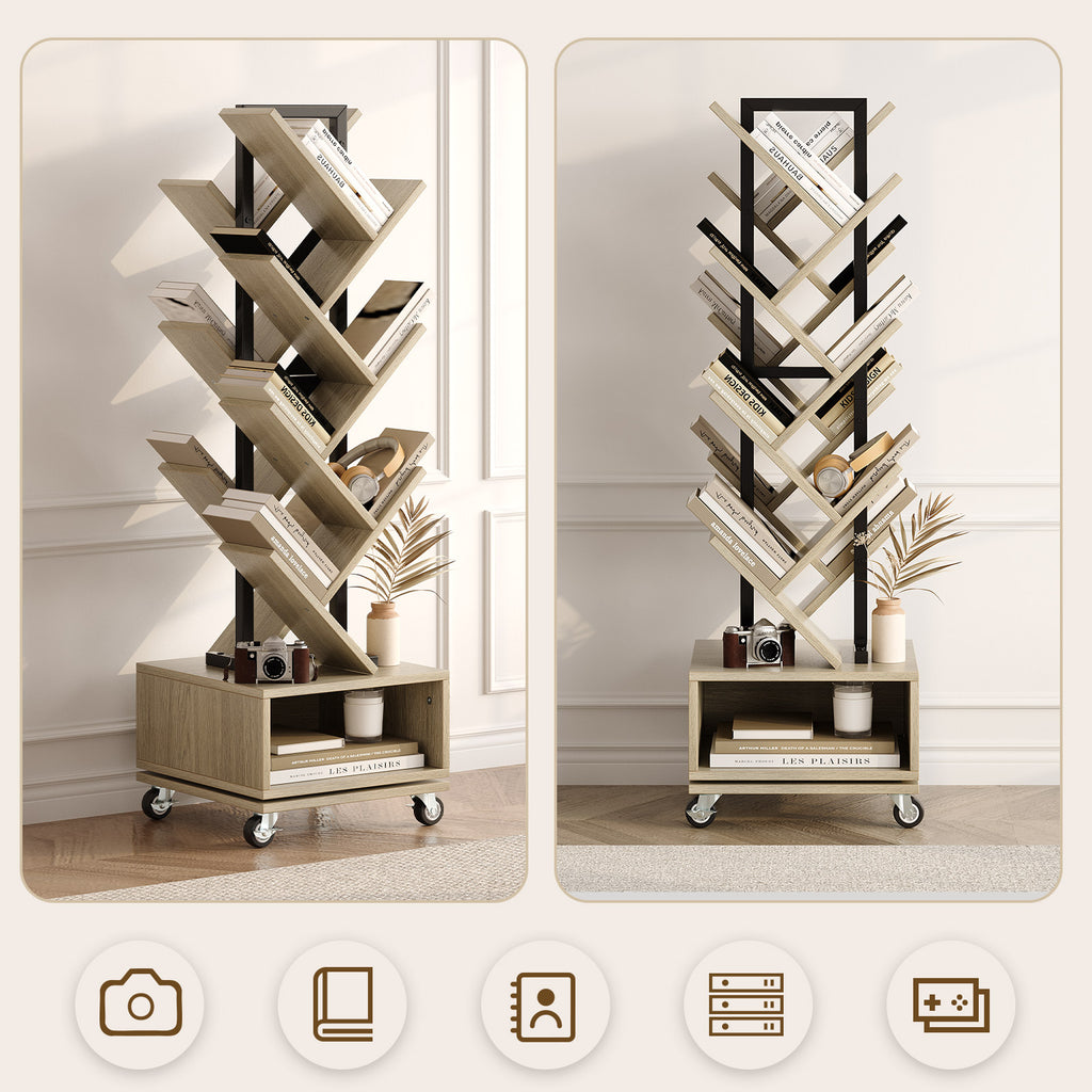 Double Sided Rotating Tree Bookshelf - 7-Tier Retro Floor Standing Bookcase, Wood Storage for Books, CDs, Movies, Perfect for Small Spaces in Bedroom, Living Room, Home Office, Grey