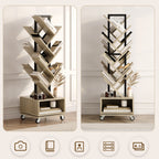Double Sided Rotating Tree Bookshelf - 7-Tier Retro Floor Standing Bookcase, Wood Storage for Books, CDs, Movies, Perfect for Small Spaces in Bedroom, Living Room, Home Office, Grey