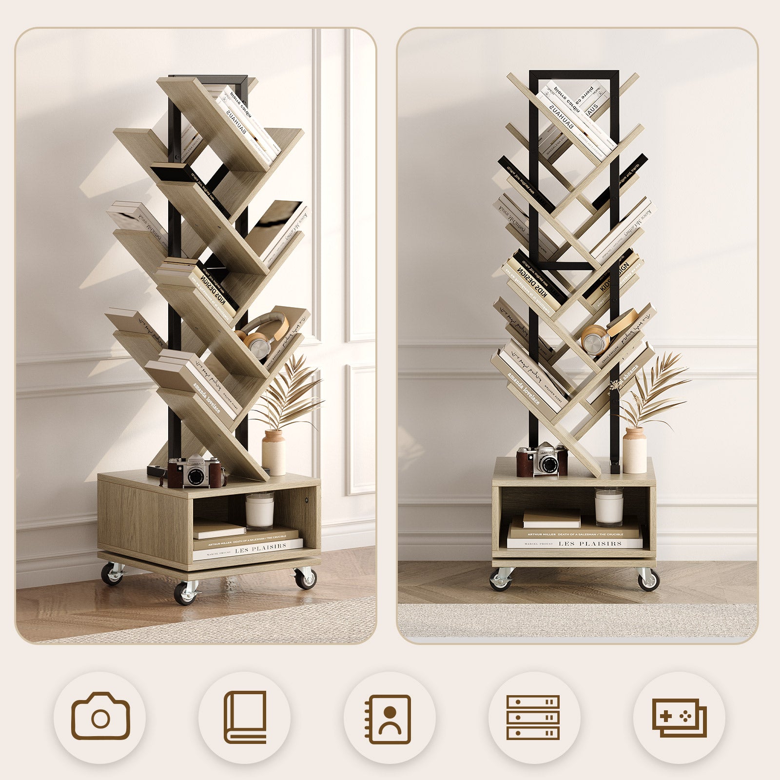 Double Sided Rotating Tree Bookshelf - 7-Tier Retro Floor Standing Bookcase, Wood Storage for Books, CDs, Movies, Perfect for Small Spaces in Bedroom, Living Room, Home Office, Grey