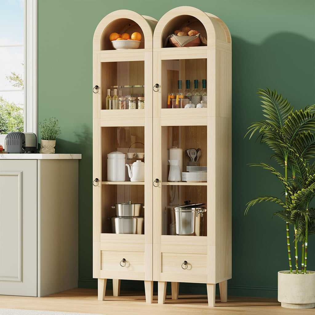 71” Tall Arched Pantry Cabinet with Glass Door, Display Cabinet Organizer with Drawer, Versatile Pantry with Top-Opening Storage Container for Living, Kitchen Dining Room, Natural