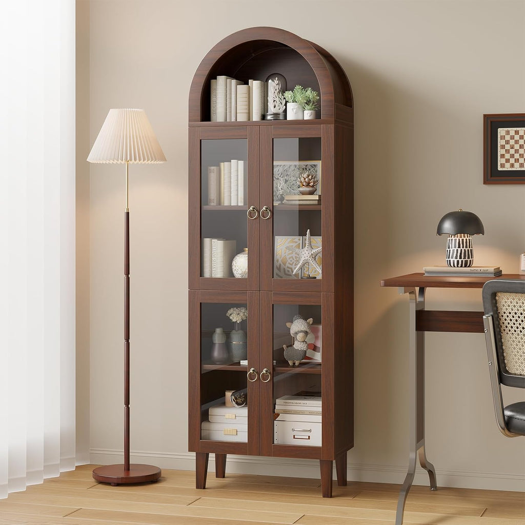 71” Tall Arched Pantry Cabinet with Glass Door, Display Cabinet Organizer, Versatile Pantry with Top-Opening Storage Container for Living, Kitchen Dining Room, Brown