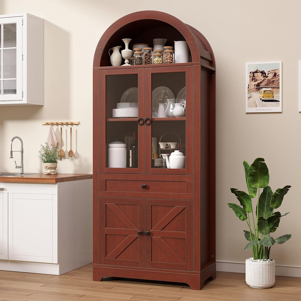 71" Tall Farmhouse Arched Storage Cabinet with Glass Door, Drawer and Barn Door, Versatile Pantry for Kitchen, Dining Room, Bathroom, Brown