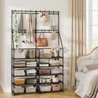3-in-1 Double Row Coat Rack Freestanding with Shoe Storage Entryway Organizer 5-Tier Shoe Rack, 16 Hooks, Hall Tree for Home or Office, Black