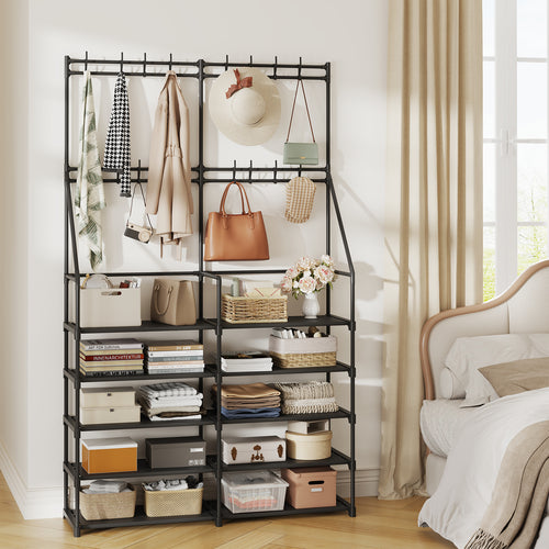 3-in-1 Double Row Coat Rack Freestanding with Shoe Storage Entryway Organizer 5-Tier Shoe Rack, 16 Hooks, Hall Tree for Home or Office, Black