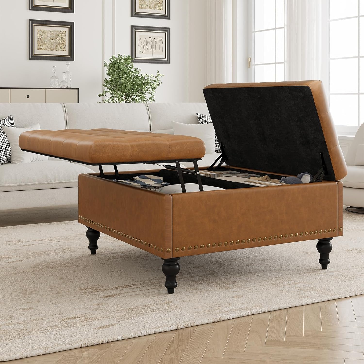 Square Leather Ottoman with Storage, Coffee Table Ottoman with Lift Top, Large Upholstered Footrest Storage, Brown