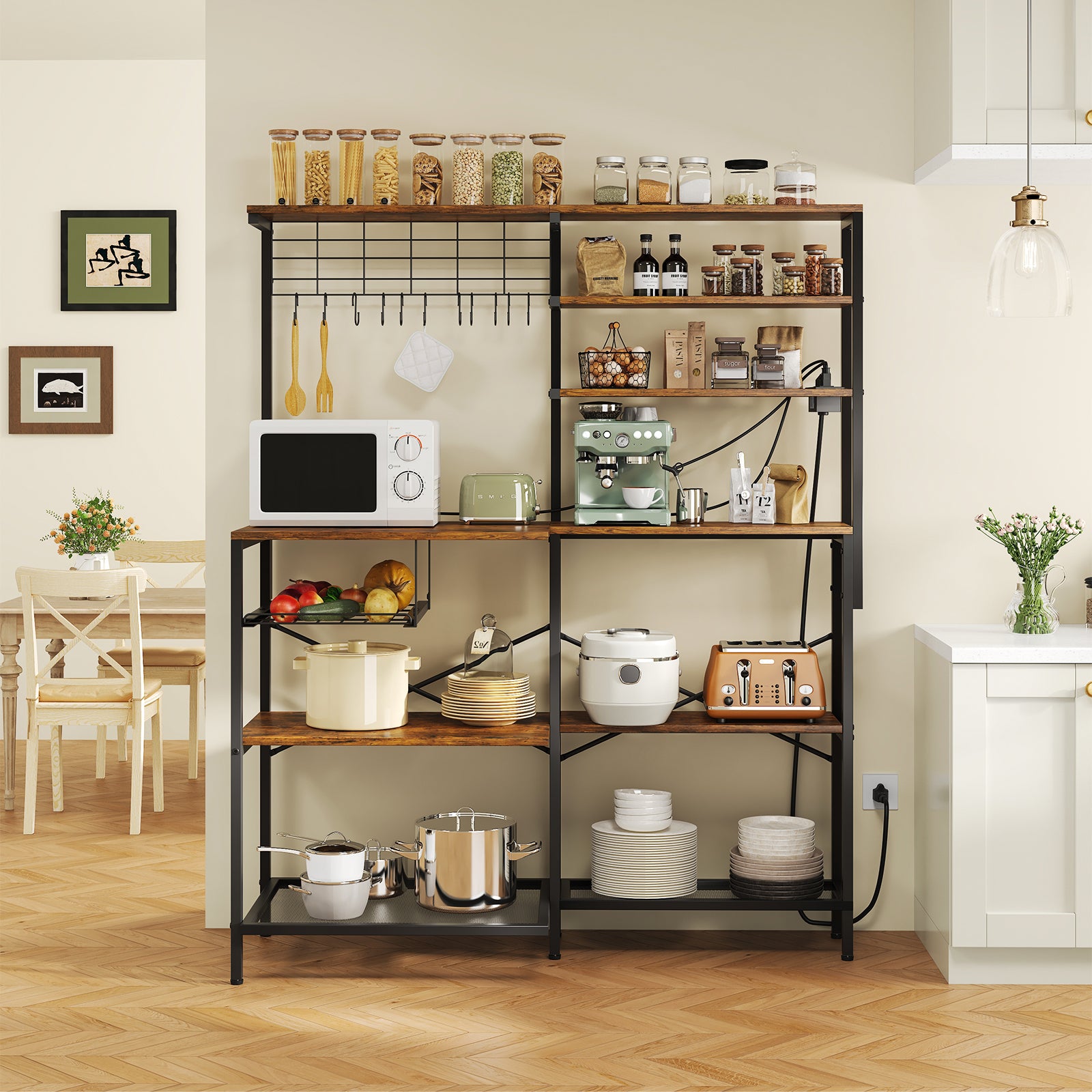L-Shaped Bakers Rack with Power Outlet, 6-Tier Microwave Stand with Open Storage, Coffee Bar with Hooks, Mesh Grid, Kitchen Shelf with Wire Basket, Rustic Brown and Black