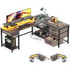 60" Corner Gamer Desk Table with Power Outlets, Reversible L Shaped Home Office Desk with Drawers, Computer Desk with Monitor Stand, LED Lights, Grey