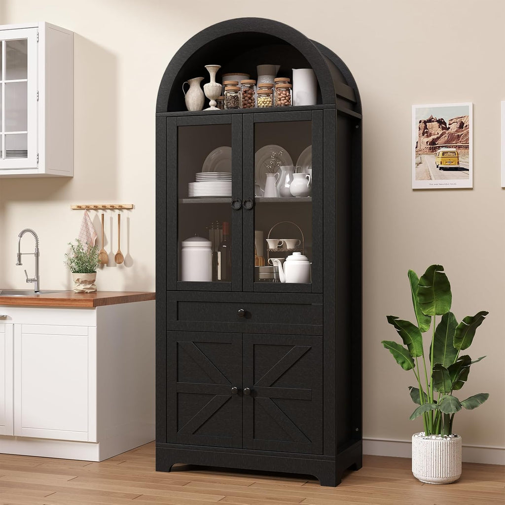 71" Tall Farmhouse Arched Storage Cabinet with Glass Door, Drawer and Barn Door, Versatile Pantry for Kitchen, Dining Room, Bathroom, Black