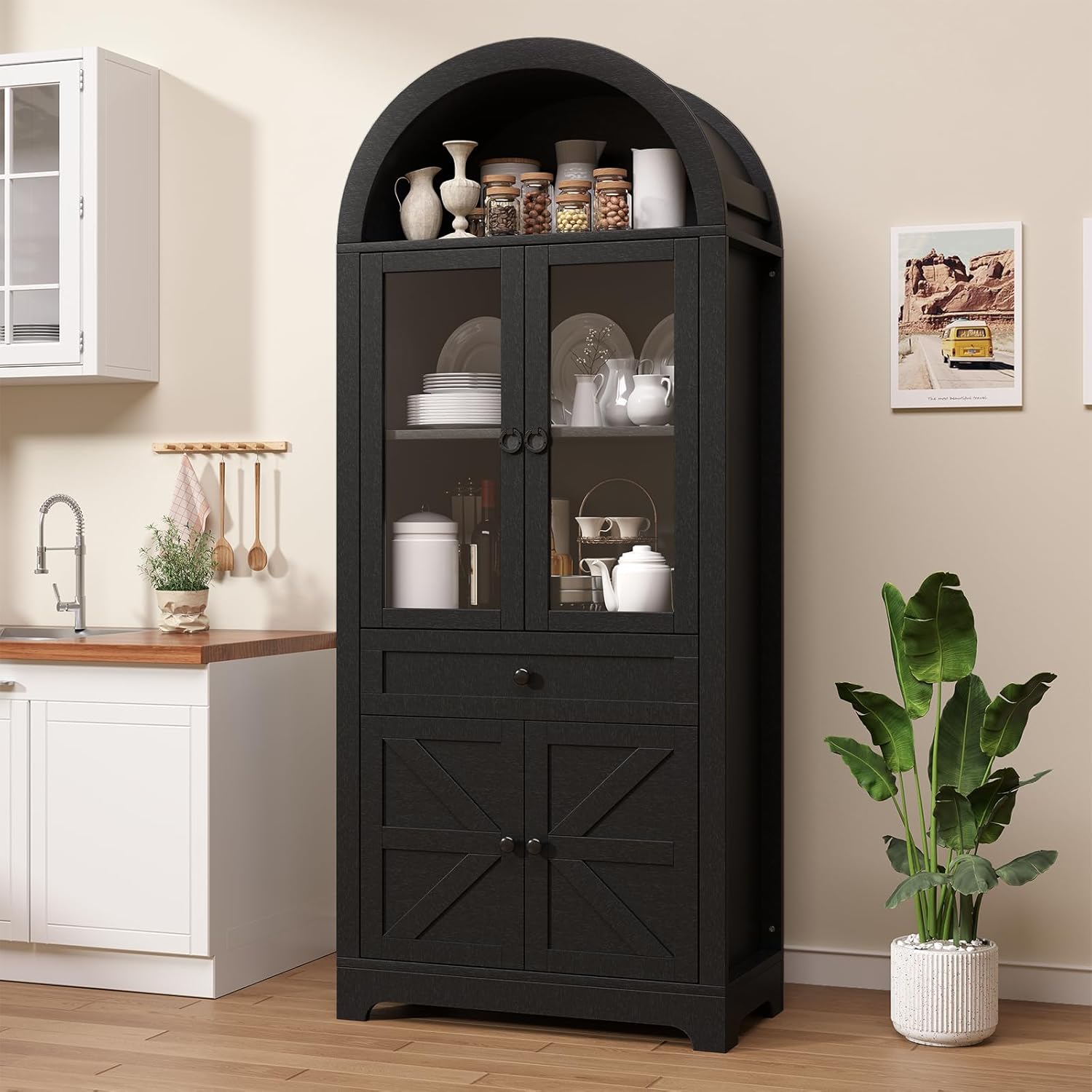 71" Tall Farmhouse Arched Storage Cabinet with Glass Door, Drawer and Barn Door, Versatile Pantry for Kitchen, Dining Room, Bathroom, Black