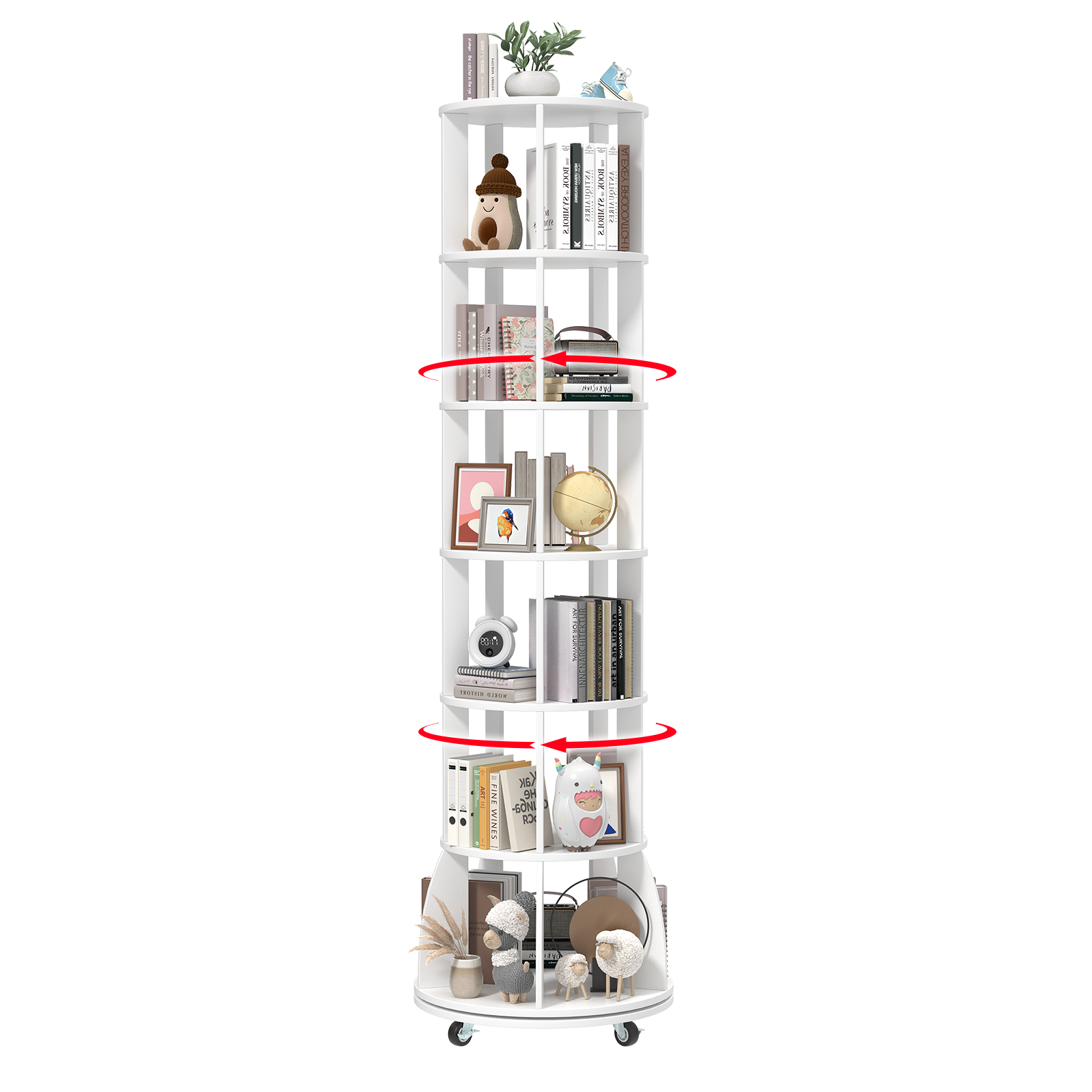 6 Tier Rotating Bookshelf with Locking Casters, 360° Spinning Vertical Bookcase, Revolving Floor Standing Organizer for Small Spaces, Corner, Living Room, Bedroom, White