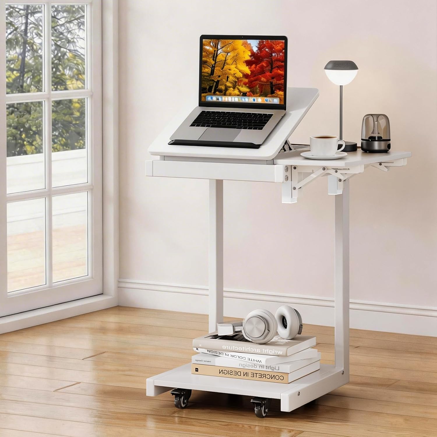 C Shaped End Table for Couch, C Side Table with Convertible Desktop, Folding Tray & Lockable Wheels, 360° Swivel TV Tray Table, Couch Tables That Slide Under, for Living Room, Bedroom, Sofa, White