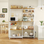 L-Shaped Bakers Rack with Power Sockets, 6-Tier Microwave Stand with Hooks, Coffee Bar with Open Storage, Mesh Grid, Kitchen Shelf with Wire Basket, White