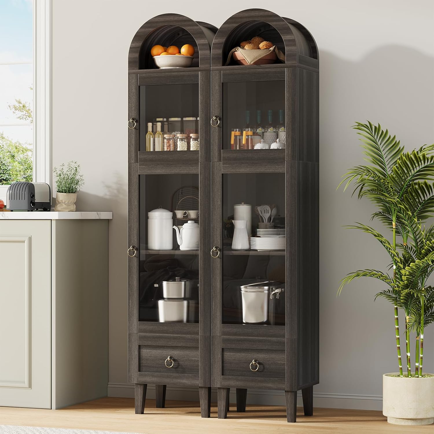 71" Tall Arched Storage Cabinet with Acrylic Doors, Display Cabinet with Drawer, Kitchen Versatile Pantry, Top-Opening Storage Container for Living Room, Black