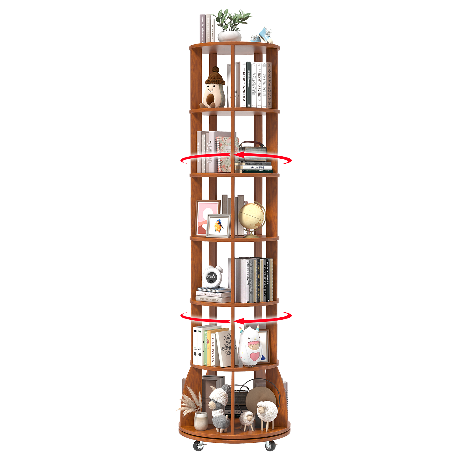 6 Tier Rotating Bookshelf with Locking Casters, 360° Spinning Vertical Bookcase, Revolving Floor Standing Organizer for Small Spaces, Corner, Living Room, Bedroom, Rustic Brown