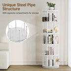 5 Tier Rotating Bookshelf Tower, 360° Spinning Bookcase, Vertical Floor Standing Revolving Bookshelf Organizer for Small Spaces, Corner, Living Room, Bedroom, White