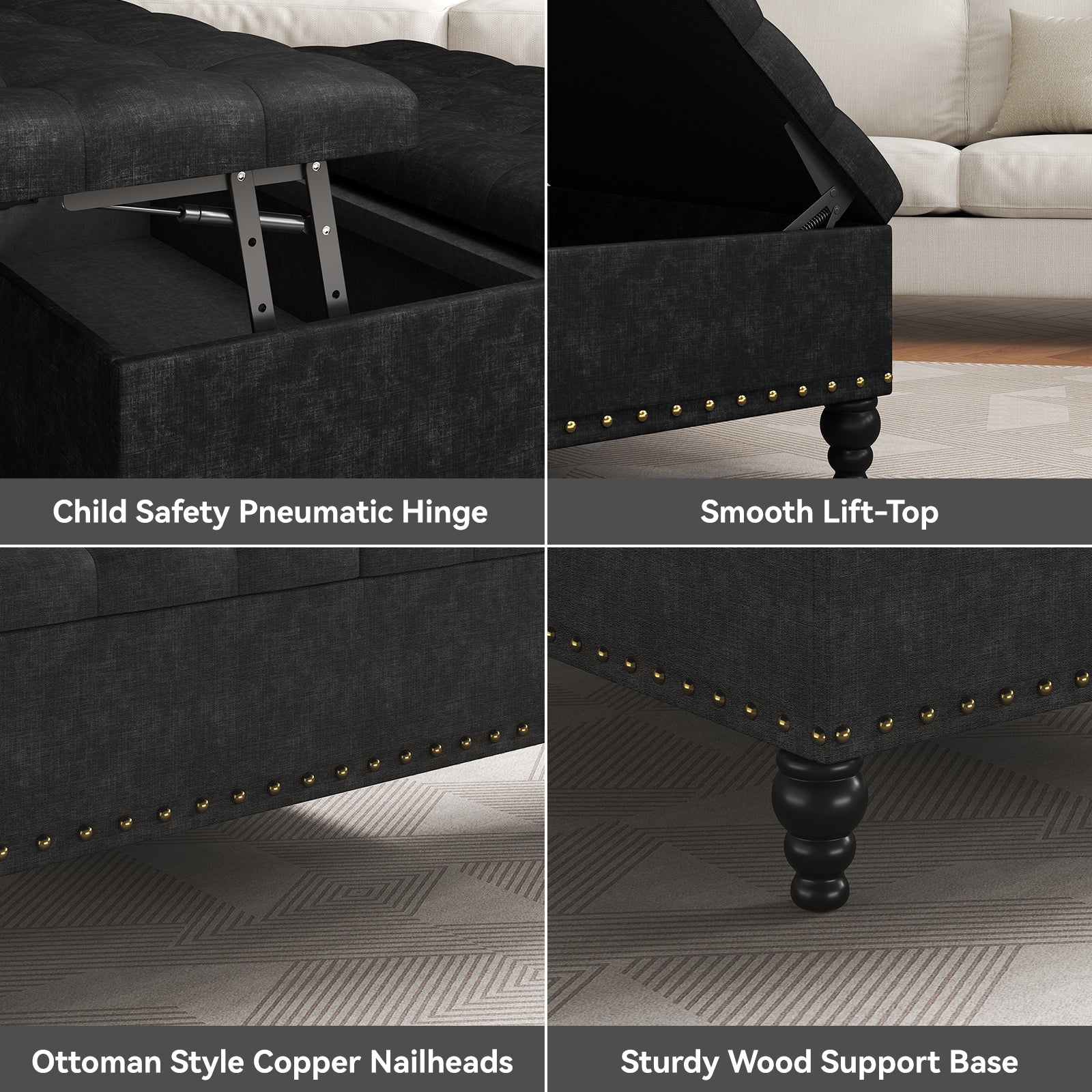 Versatile Lift-Top Ottoman, Multi-Function Storage Bench and Coffee Table in Chenille for Living Room or Bedroom, Easy-to-Assemble, Black