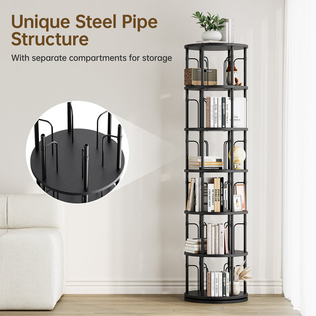 6 Tier Rotating Bookshelf Tower, 360° Spinning Bookcase, Vertical Floor Standing Revolving Bookshelf Organizer for Small Spaces, Corner, Living Room, Bedroom, Black