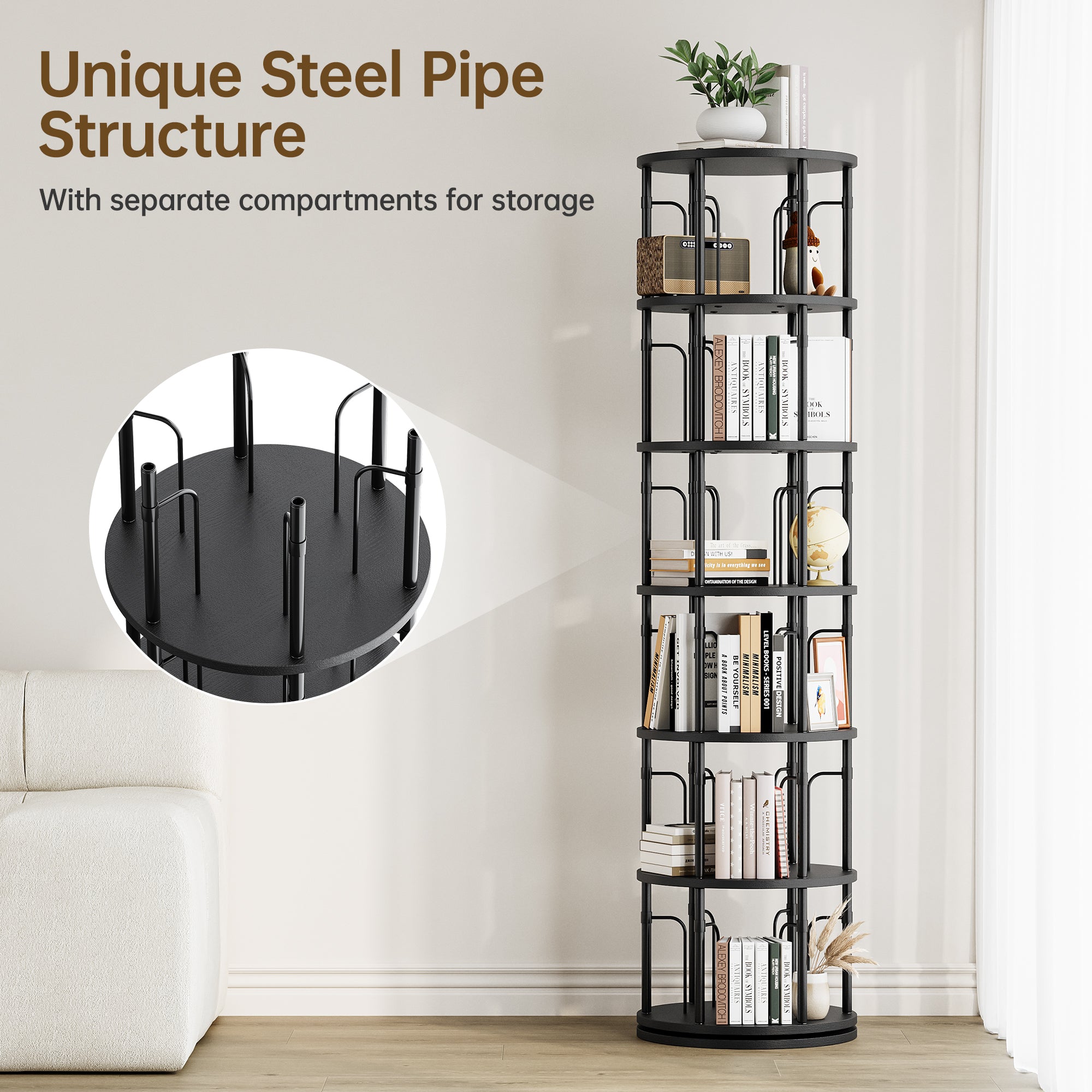 6 Tier Rotating Bookshelf Tower, 360° Spinning Bookcase, Vertical Floor Standing Revolving Bookshelf Organizer for Small Spaces, Corner, Living Room, Bedroom, Black