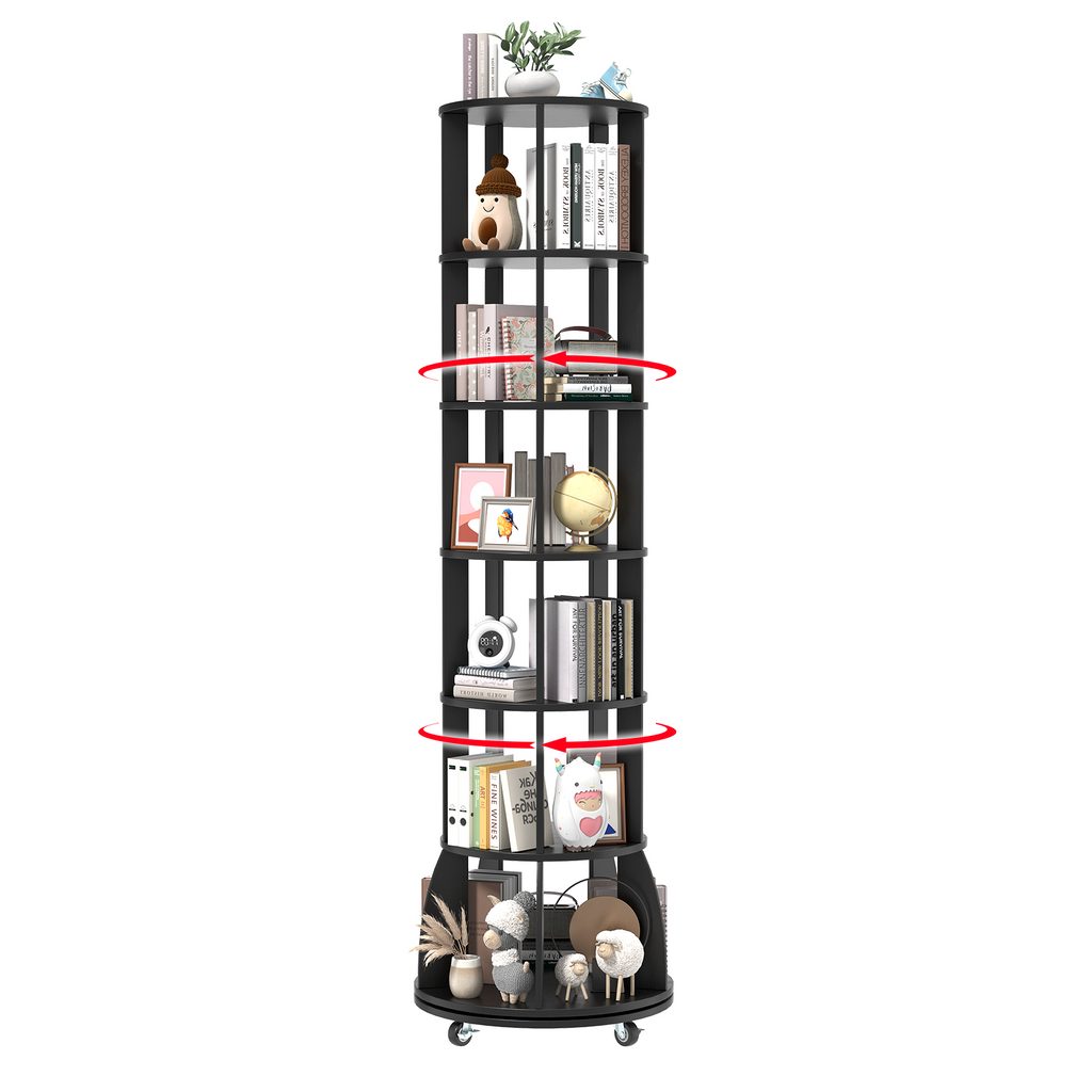 6 Tier Rotating Bookshelf with Locking Casters, 360° Spinning Vertical Bookcase, Revolving Floor Standing Organizer for Small Spaces, Corner, Living Room, Bedroom, Black