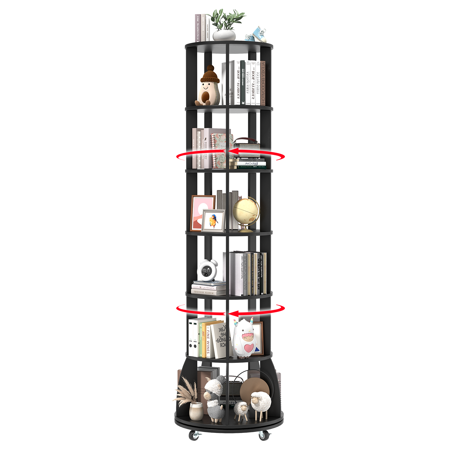 6 Tier Rotating Bookshelf with Locking Casters, 360° Spinning Vertical Bookcase, Revolving Floor Standing Organizer for Small Spaces, Corner, Living Room, Bedroom, Black