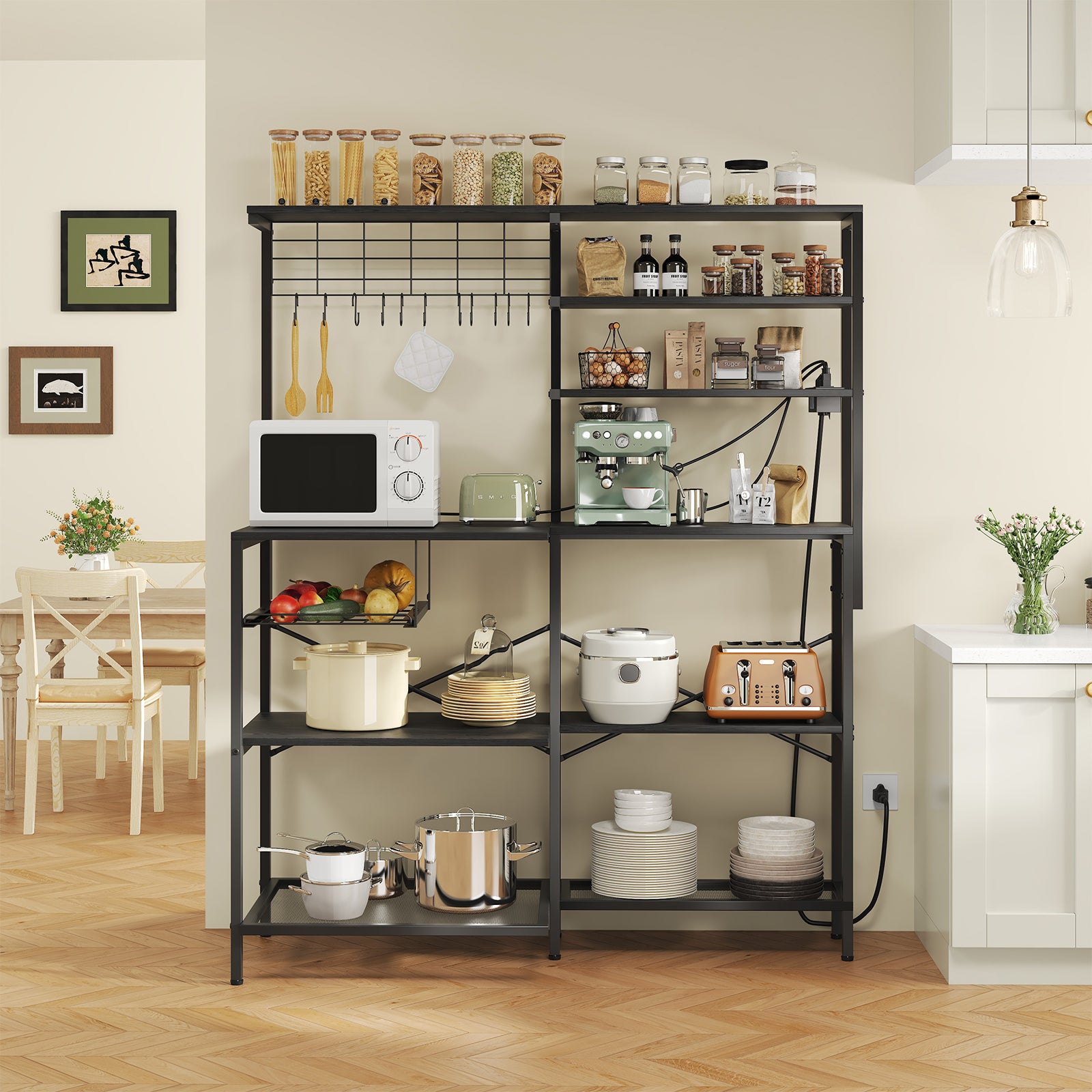 L-Shaped Bakers Rack with Power Outlet, 6-Tier Microwave Stand with Open Storage, Coffee Bar with Hooks, Mesh Grid, Kitchen Shelf with Wire Basket, Black