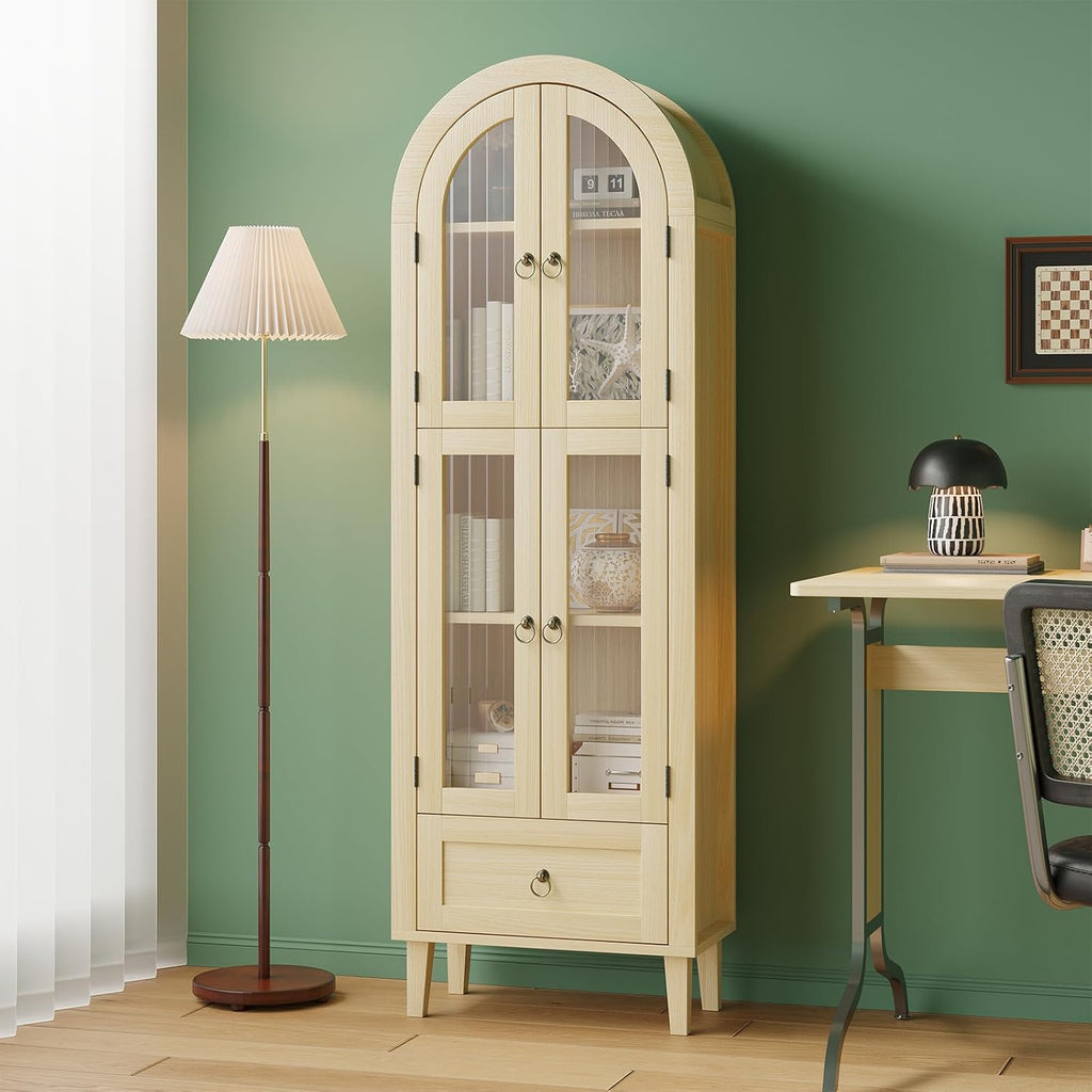 71” Tall Arched Pantry Cabinet with Glass Door, Display Cabinet Organizer with Drawer, Versatile Pantry with Top-Opening Storage Container for Living, Kitchen Dining Room, Natural