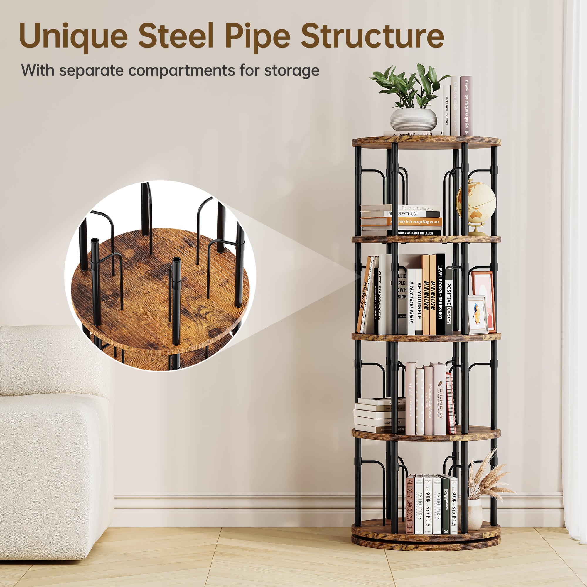 4 Tier Rotating Bookshelf Tower, 360° Spinning Bookcase, Vertical Floor Standing Revolving Bookshelf Organizer for Small Spaces, Corner, Living Room, Bedroom, Rustic Brown