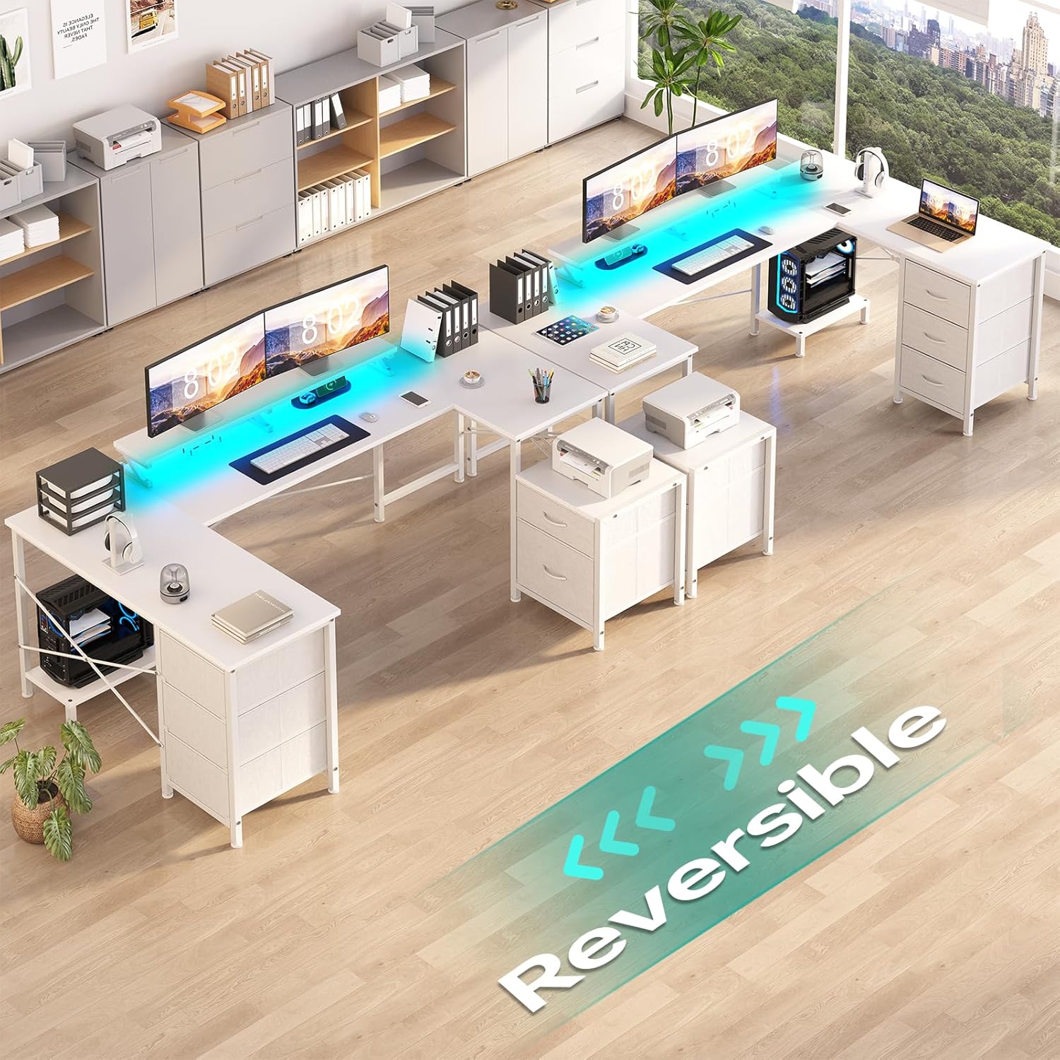 U Shaped Computer Gaming Desk, Reversible L Shaped Desk with Power Outlets & USB Ports, LED Strip & Monitor Stand, Large Corner Desk with Storage Shelves for Home Office, White