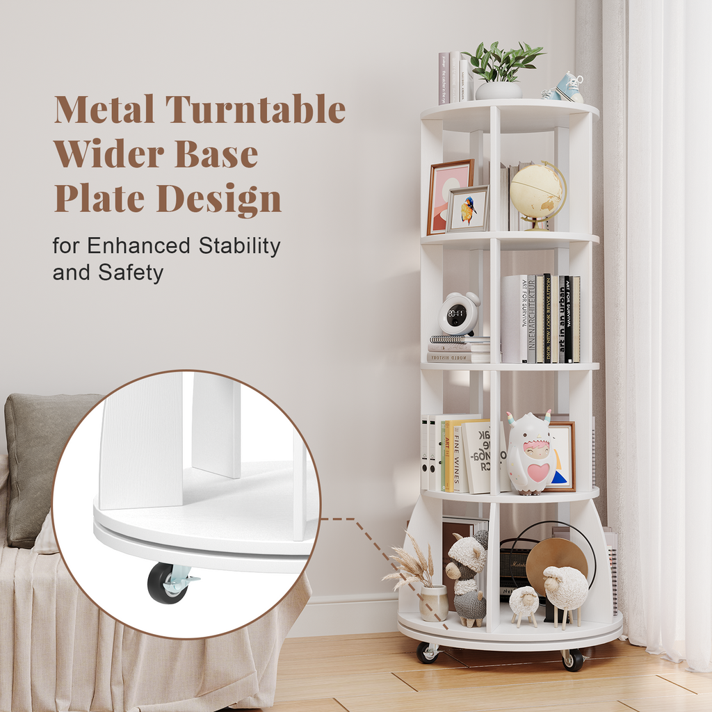 4 Tier Rotating Bookshelf with Brake Wheels, 360° Spinning Bookcase, Vertical Floor Standing Revolving Bookshelf Organizer for Small Spaces, Corner, Living Room, Bedroom, White