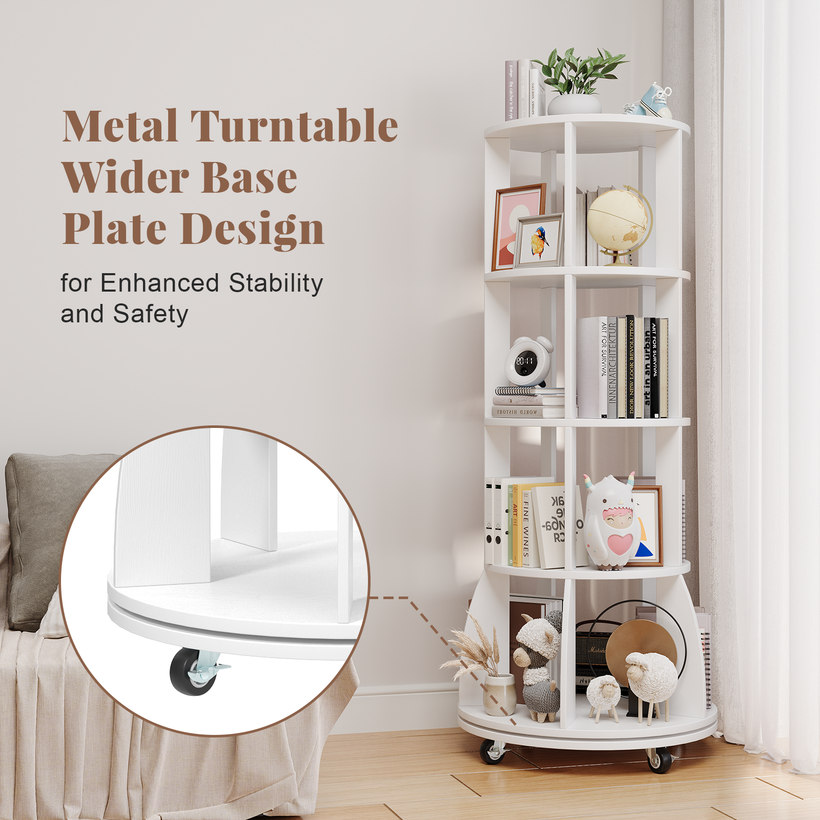4 Tier Rotating Bookshelf with Brake Wheels, 360° Spinning Bookcase, Vertical Floor Standing Revolving Bookshelf Organizer for Small Spaces, Corner, Living Room, Bedroom, White