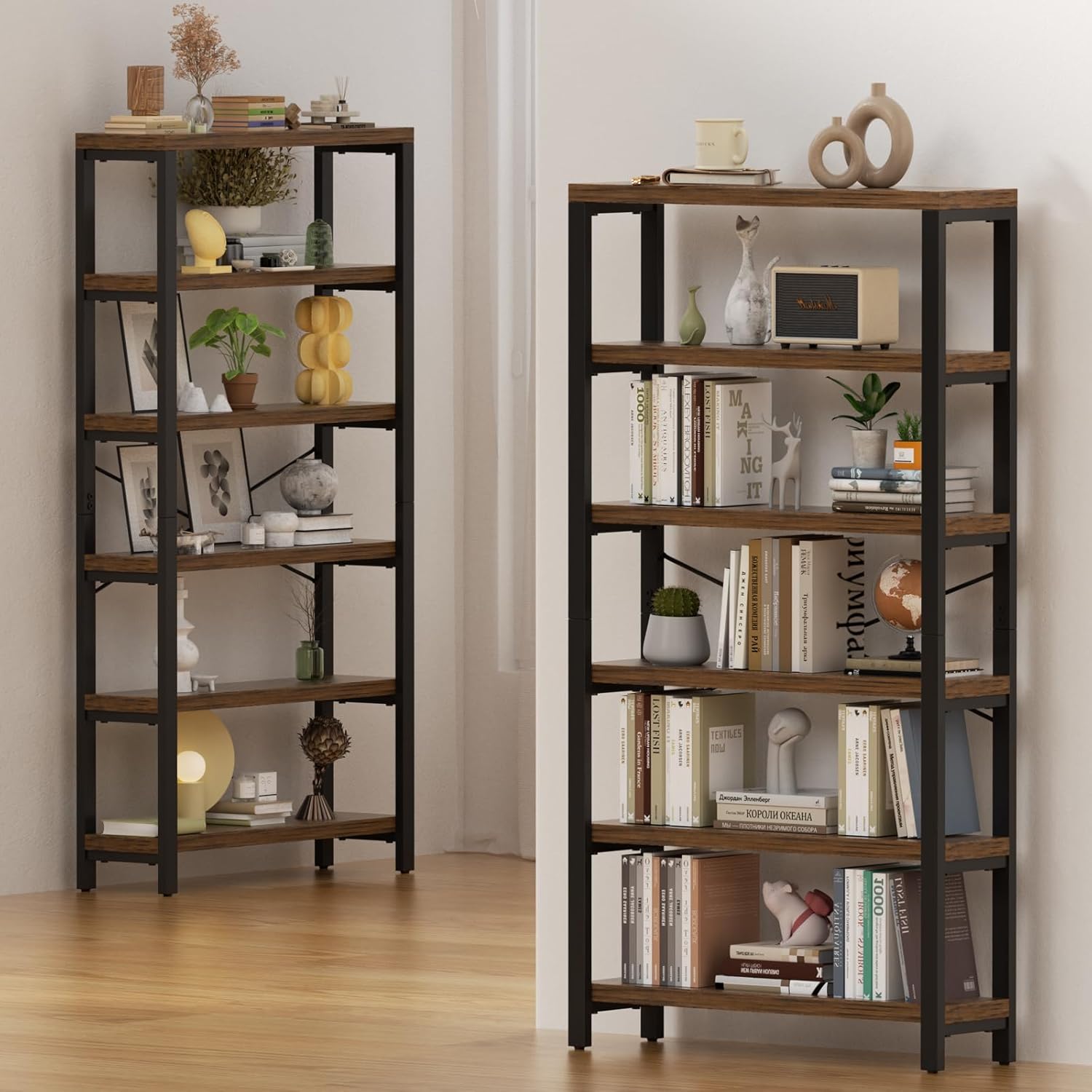 6-Tier Adjustable Heavy Duty Bookshelf, Industrial Wood and Metal Bookshelf, Vintage Bookcase with Lock Wall Design, Shelves for Room Wall Standing, Rustic Brown