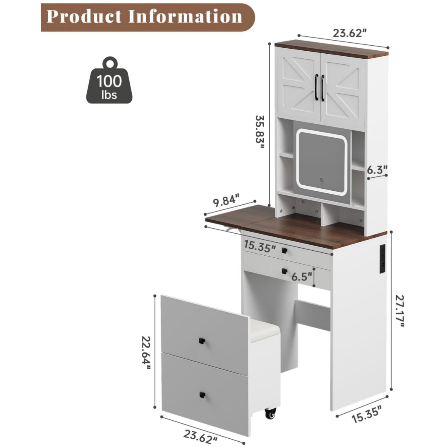 Vanity Desk with Mirror & Side-Mounted Power Strip, Makeup Vanity Table with Foldable Side Panels, Top Built-in Storage Dresser, Walnut+White