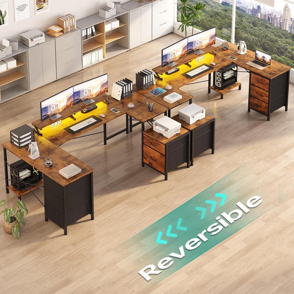 U Shaped Computer Desk, Reversible L Shaped Desk with Power Outlets & USB Ports, Corner Gaming Desk with Drawers, Home Office Desk with Storage Shelves, LED Lights, Rustic Brown