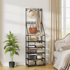 3-in-1 Coat Shoe Rack Space-Saving Hall Tree, 5 Tier Shoe Storage with Removable Hooks, Multifunctional Solution，Black