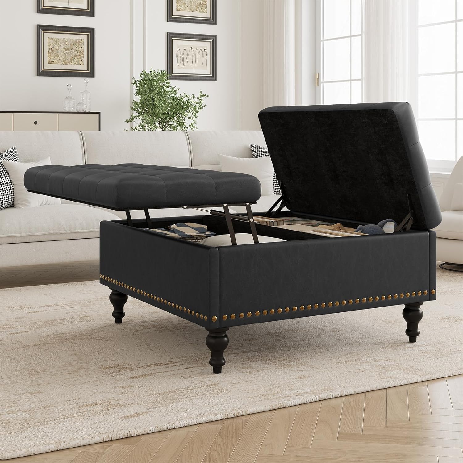 Versatile Lift-Top Ottoman, Multi-Function Storage Bench and Coffee Table in Leather for Living Room or Bedroom, Easy-to-Assemble, Black