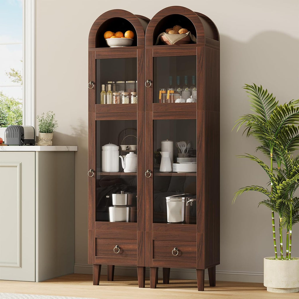 71” Tall Arched Pantry Cabinet with Glass Door, Display Cabinet Organizer with Drawer, Versatile Pantry with Top-Opening Storage Container for Living, Kitchen Dining Room, Brown