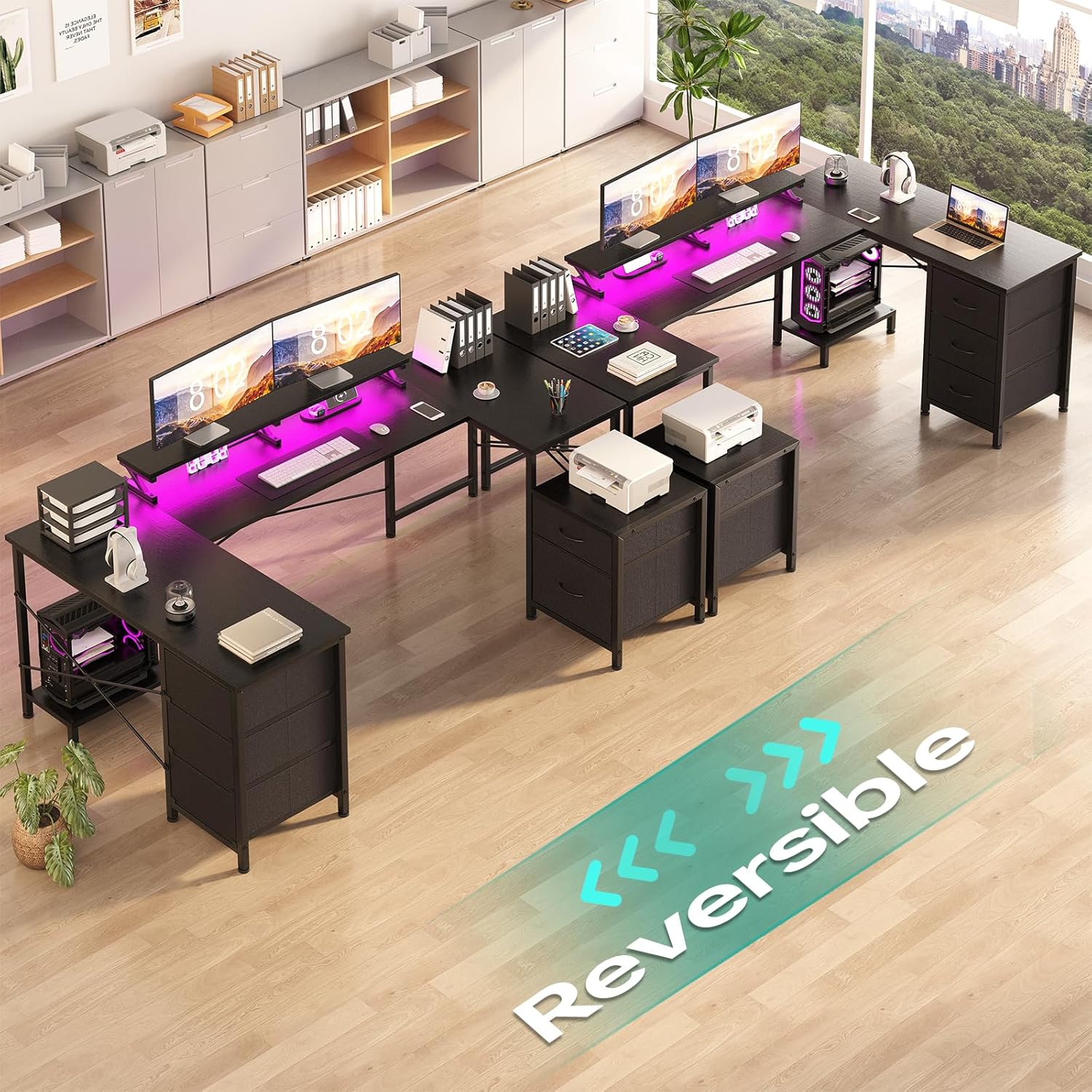 U Shaped Computer Gaming Desk, Reversible L Shaped Desk with Power Outlets & USB Ports, LED Strip & Monitor Stand, Large Corner Desk with Storage Shelves for Home Office, Black