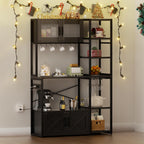 Bakers Rack with Storage Cabinet, 5-Tier Coffee Bar with Power Outlet and LED Lights, Industrial Microwave Oven Stand with Shelves, Kitchen Storage Shelf, Black